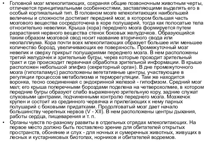 Головной мозг млекопитающих, сохраняя общие позвоночным животным черты, отличается принципиальными особенностями,