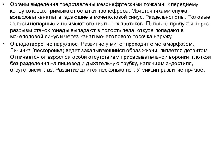 Органы выделения представлены мезонефртескими почками, к переднему концу которых примыкают остатки