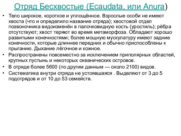 Отряд Бесхвостые (Ecaudata, или Anura) Тело широкое, короткое и уплощённое. Взрослые