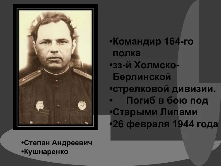 Степан Андреевич Кушнаренко Командир 164-го полка зз-й Холмско-Берлинской стрелковой дивизии. Погиб