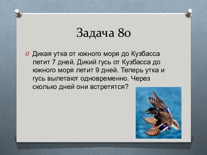 Задача 80 Дикая утка от южного моря до Кузбасса летит 7