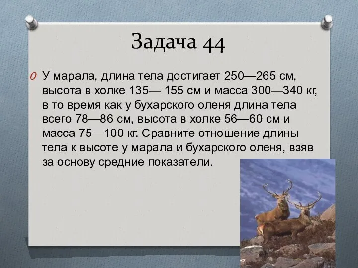 Задача 44 У марала, длина тела достигает 250—265 см, высота в