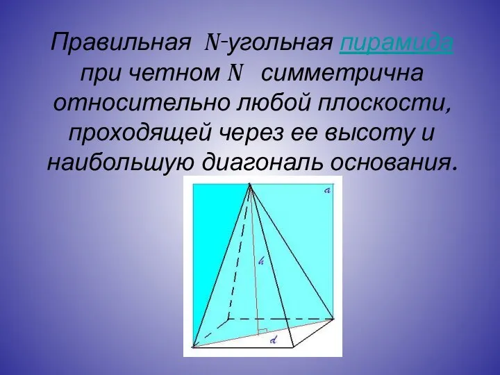 Правильная n-угольная пирамида при четном n симметрична относительно любой плоскости, проходящей