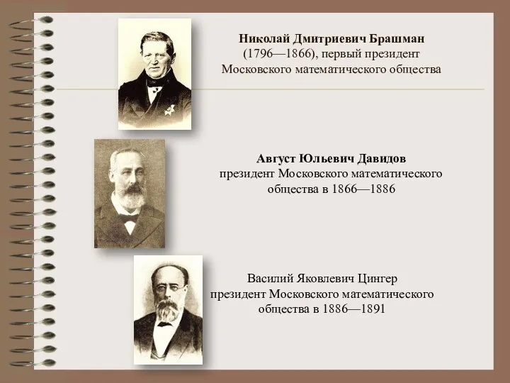 Николай Дмитриевич Брашман (1796—1866), первый президент Московского математического общества Август Юльевич