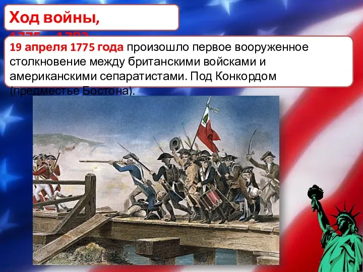 Ход войны, 1775—1783 19 апреля 1775 года произошло первое вооруженное столкновение