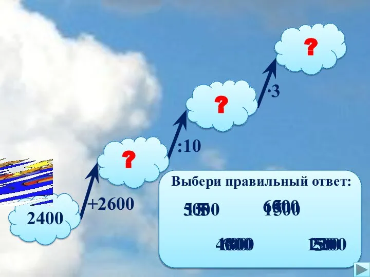 2400 ? ? ? +2600 :10 ∙3 Выбери правильный ответ: 5000