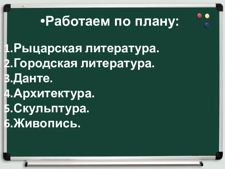 Работаем по плану: Рыцарская литература. Городская литература. Данте. Архитектура. Скульптура. Живопись.