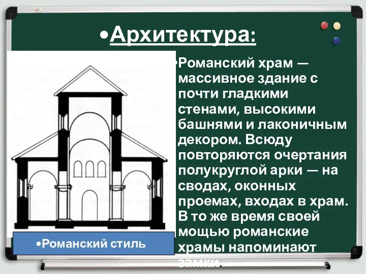 Архитектура: Романский храм — массивное здание с почти гладкими стенами, высокими