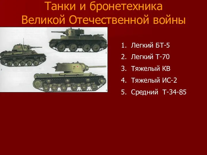 Танки и бронетехника Великой Отечественной войны Легкий БТ-5 Легкий Т-70 Тяжелый КВ Тяжелый ИС-2 Средний Т-34-85