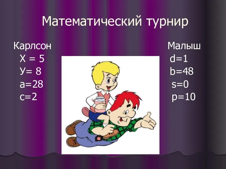 Математический турнир Карлсон Малыш Х = 5 d=1 У= 8 b=48 а=28 s=0 с=2 p=10