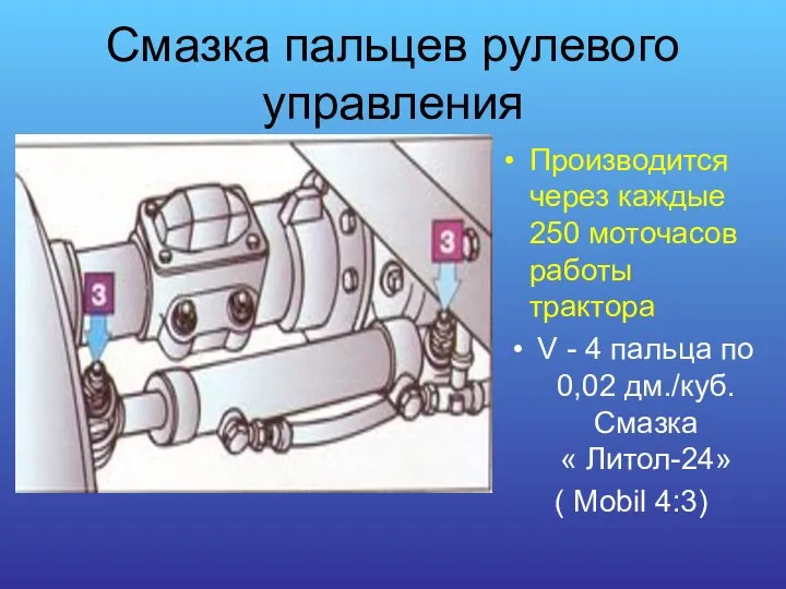 Смазка пальцев рулевого управления Производится через каждые 250 моточасов работы трактора