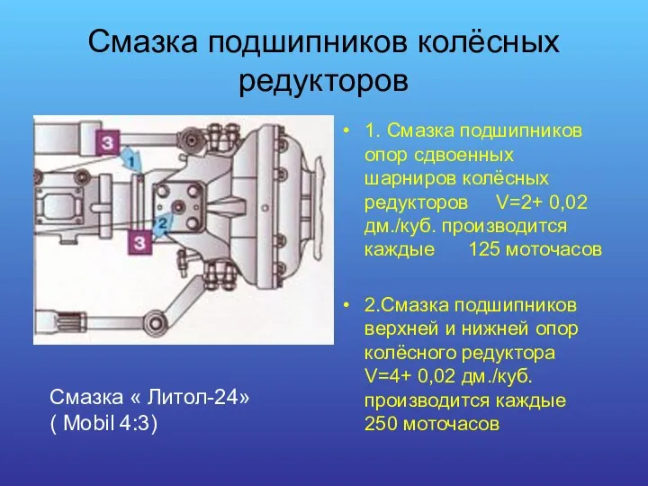 Смазка подшипников колёсных редукторов 1. Смазка подшипников опор сдвоенных шарниров колёсных