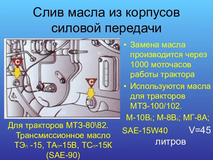 Слив масла из корпусов силовой передачи Замена масла производится через 1000