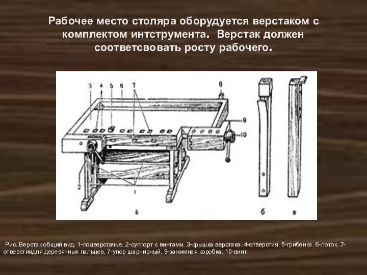 Рабочее место столяра оборудуется верстаком с комплектом интструмента. Верстак должен соответсвовать