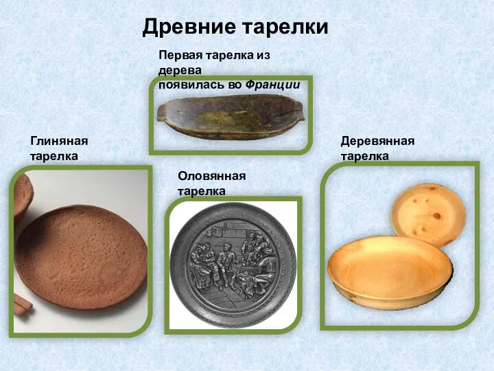 Глиняная тарелка Деревянная тарелка Первая тарелка из дерева появилась во Франции Оловянная тарелка Древние тарелки