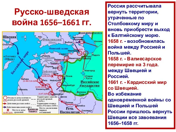 Русско-шведская война 1656–1661 гг. Россия рассчитывала вернуть территории, утраченные по Столбовкому