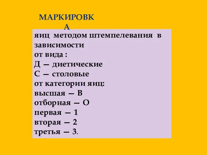 яиц методом штемпелевания в зависимости от вида : Д — диетические