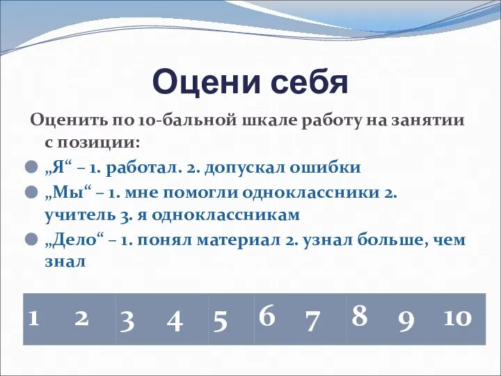 Оцени себя Оценить по 10-бальной шкале работу на занятии с позиции: