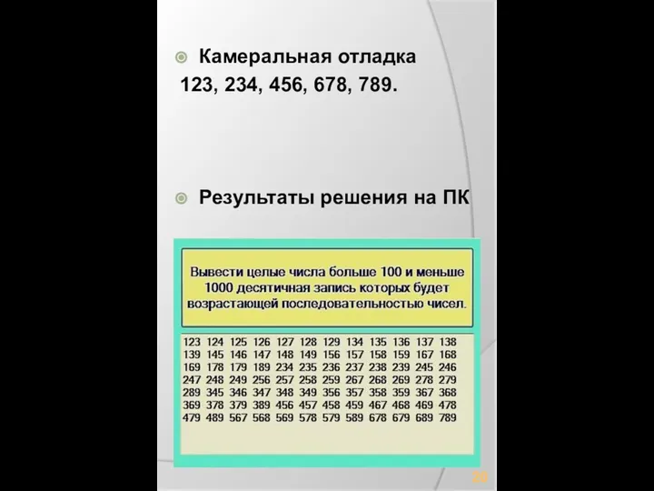 Камеральная отладка 123, 234, 456, 678, 789. Результаты решения на ПК