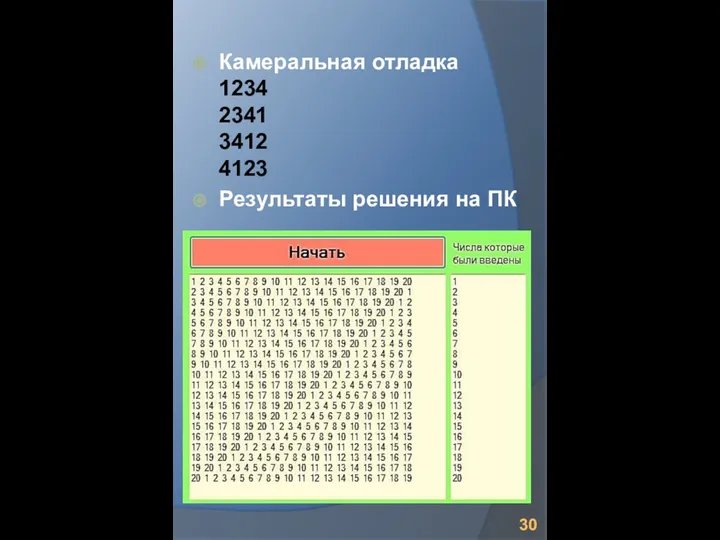 Камеральная отладка 1234 2341 3412 4123 Результаты решения на ПК