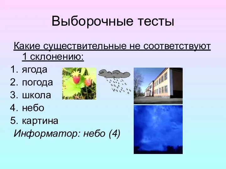 Выборочные тесты Какие существительные не соответствуют 1 склонению: ягода погода школа небо картина Информатор: небо (4)