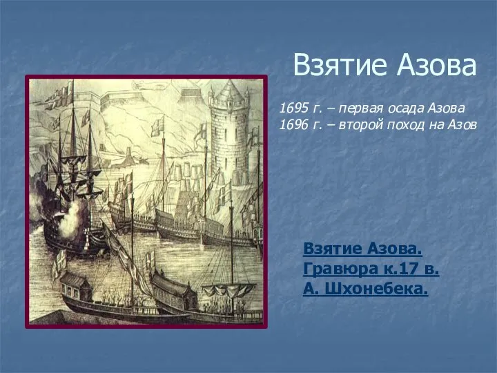 Взятие Азова Взятие Азова. Гравюра к.17 в. А. Шхонебека. 1695 г.