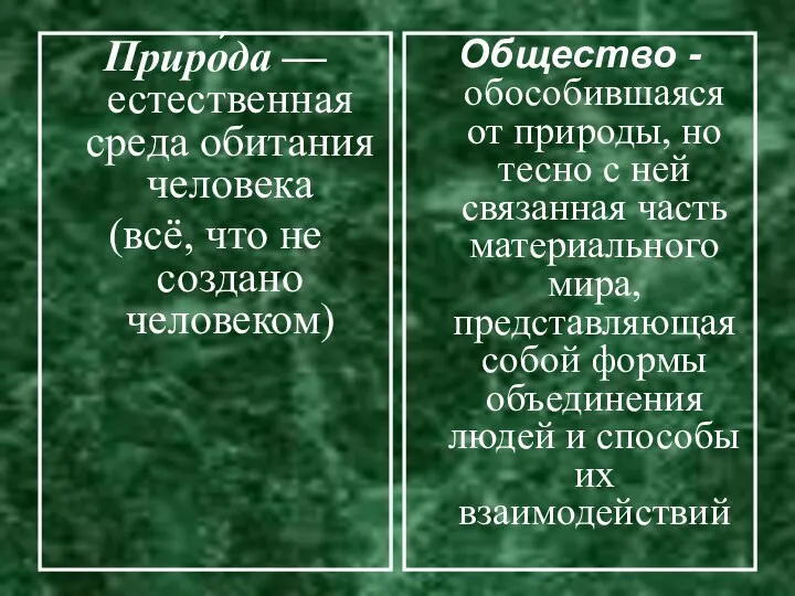 Приро́да —естественная среда обитания человека (всё, что не создано человеком) Общество