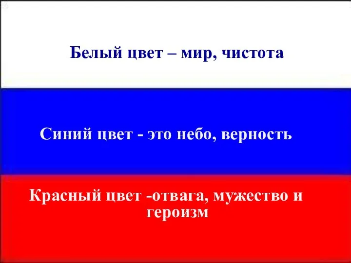 Белый цвет – мир, чистота Синий цвет - это небо, верность