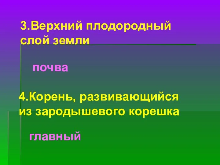 3.Верхний плодородный слой земли почва 4.Корень, развивающийся из зародышевого корешка главный