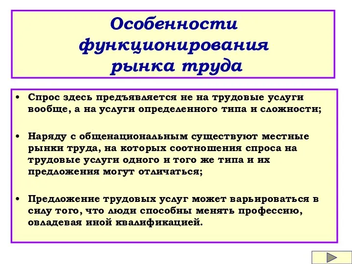 Особенности функционирования рынка труда Спрос здесь предъявляется не на трудовые услуги