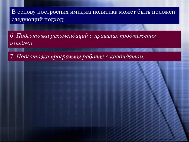 В основу построения имиджа политика может быть положен следующий подход: В