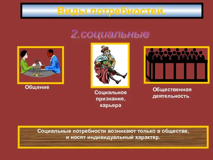 Виды потребностей. 2.социальные Социальные потребности возникают только в обществе, и носят индивидуальный характер.