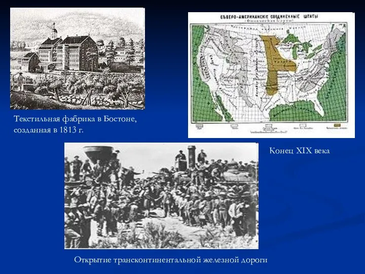 Конец XIX века Открытие трансконтинентальной железной дороги Текстильная фабрика в Бостоне, созданная в 1813 г.