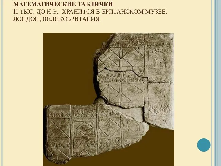 МАТЕМАТИЧЕСКИЕ ТАБЛИЧКИ II ТЫС. ДО Н.Э. ХРАНИТСЯ В БРИТАНСКОМ МУЗЕЕ, ЛОНДОН, ВЕЛИКОБРИТАНИЯ