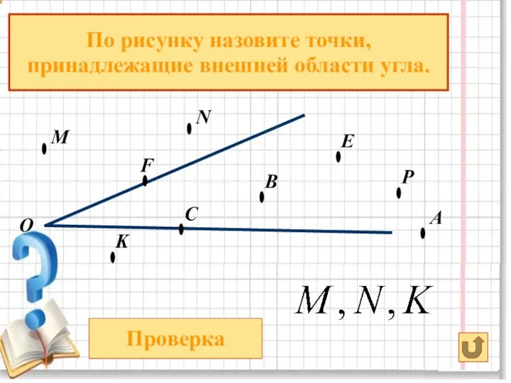 О В А По рисунку назовите точки, принадлежащие внешней области угла.