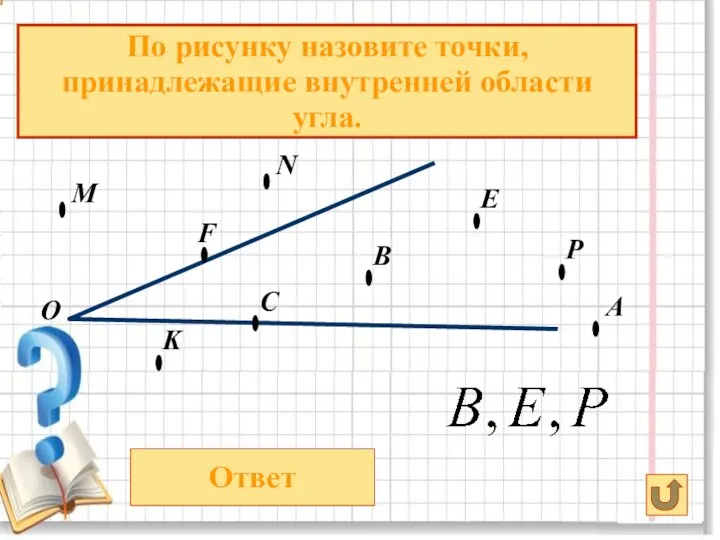 О В А По рисунку назовите точки, принадлежащие внутренней области угла.