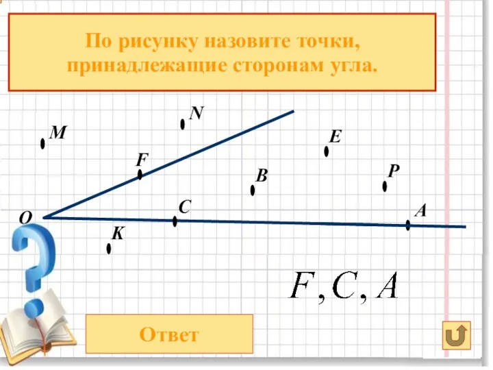 О В А По рисунку назовите точки, принадлежащие сторонам угла. Ответ