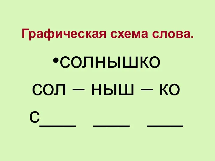 Графическая схема слова. солнышко сол – ныш – ко с___ ___ ___