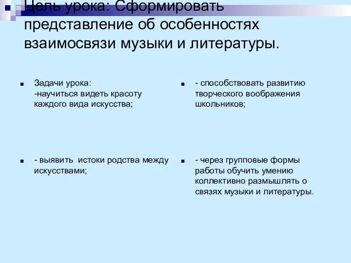 Цель урока: Сформировать представление об особенностях взаимосвязи музыки и литературы. Задачи