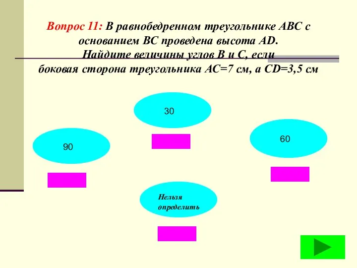 Вопрос 11: В равнобедренном треугольнике АВС с основанием ВС проведена высота