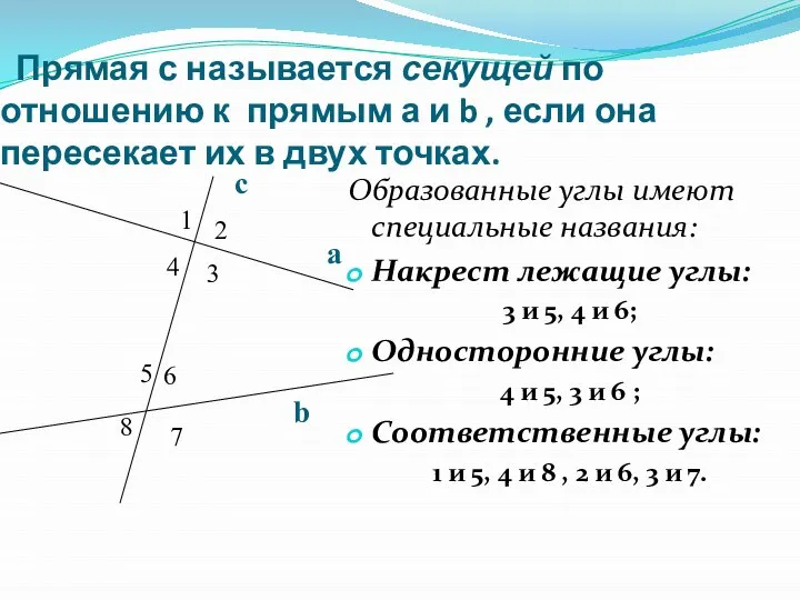 Прямая с называется секущей по отношению к прямым а и b