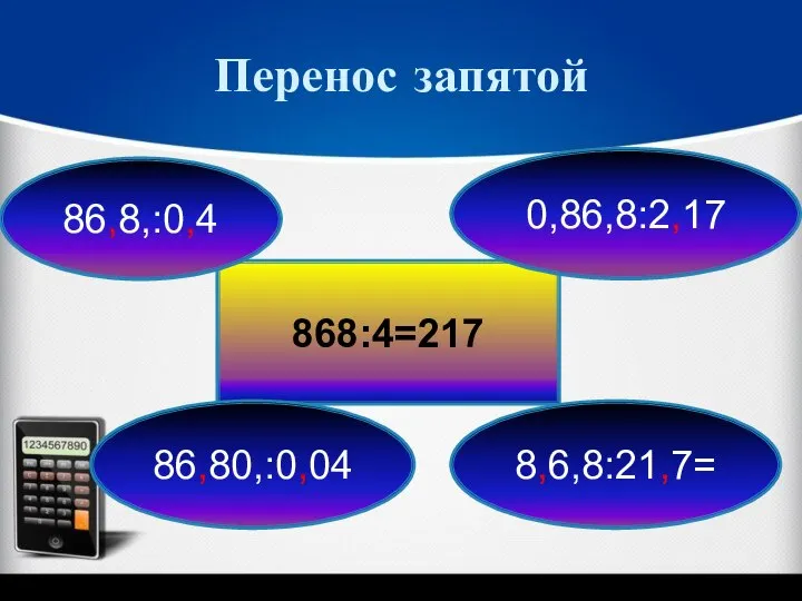 Перенос запятой 868:4=217 86,8,:0,4 86,80,:0,04 8,6,8:21,7= 0,86,8:2,17