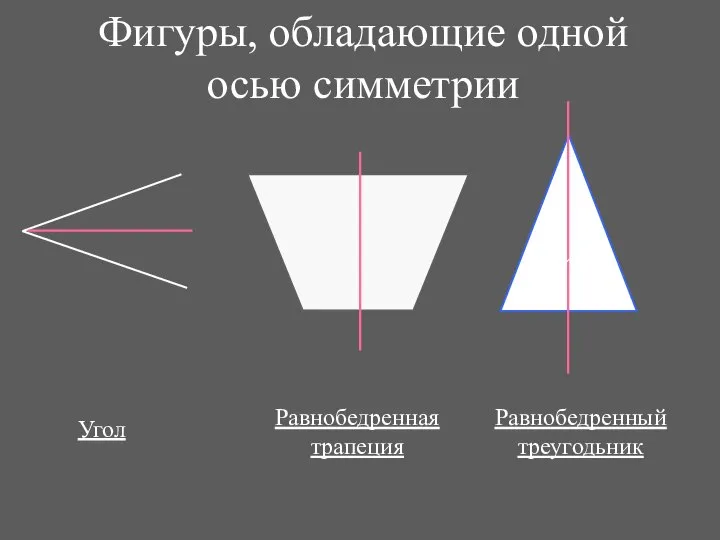 Фигуры, обладающие одной осью симметрии Угол Равнобедренный треугодьник Равнобедренная трапеция