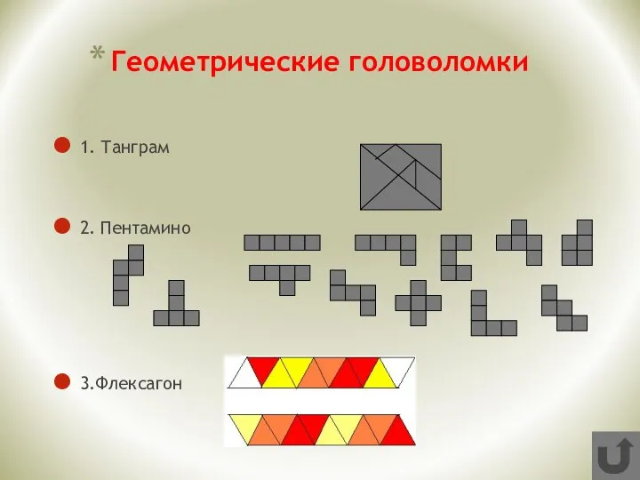 Геометрические головоломки 1. Танграм 2. Пентамино 3.Флексагон