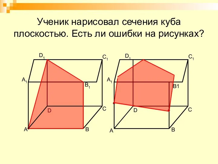 Ученик нарисовал сечения куба плоскостью. Есть ли ошибки на рисунках? A