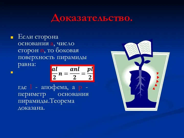 Доказательство. Если сторона основания a, число сторон n, то боковая поверхность