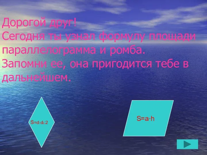 Дорогой друг! Сегодня ты узнал формулу площади параллелограмма и ромба. Запомни