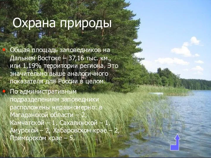 Охрана природы Общая площадь заповедников на Дальнем Востоке – 37,16 тыс.