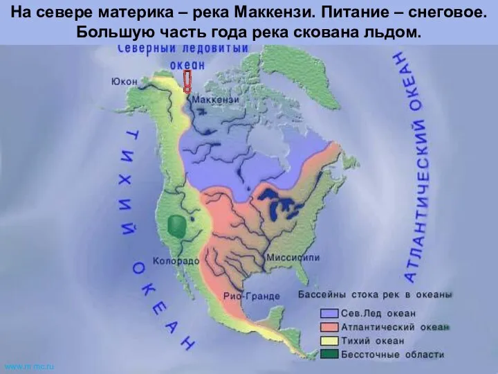 На севере материка – река Маккензи. Питание – снеговое. Большую часть