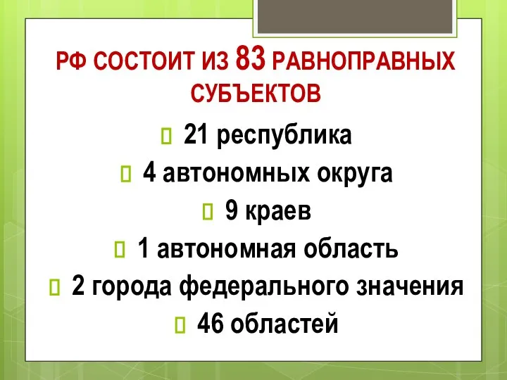 РФ СОСТОИТ ИЗ 83 РАВНОПРАВНЫХ СУБЪЕКТОВ 21 республика 4 автономных округа